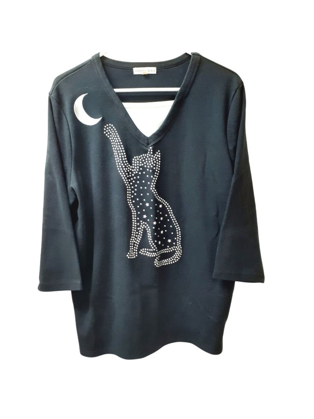 Margaux & Lexi Womens Top XL Black Cat & Moon Embellished V-Neck Long Sleeve